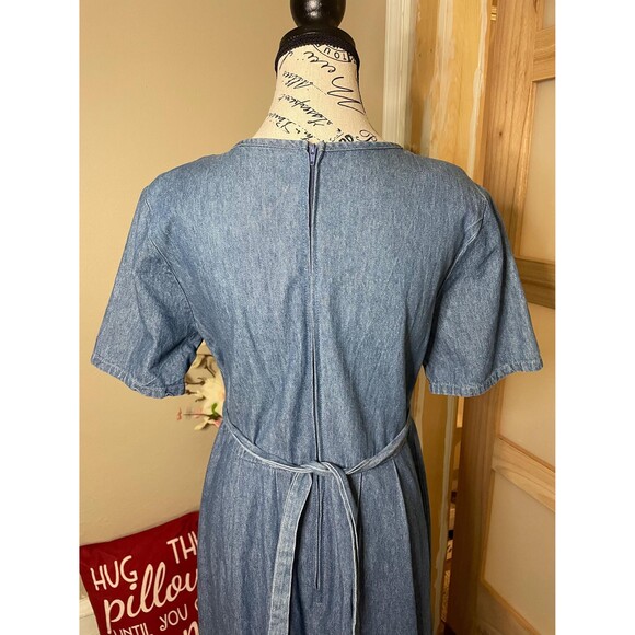 Alexandra Lee Denim Vintage Dress Rosette Embellished Pleated Barn Style - Picture 9 of 10